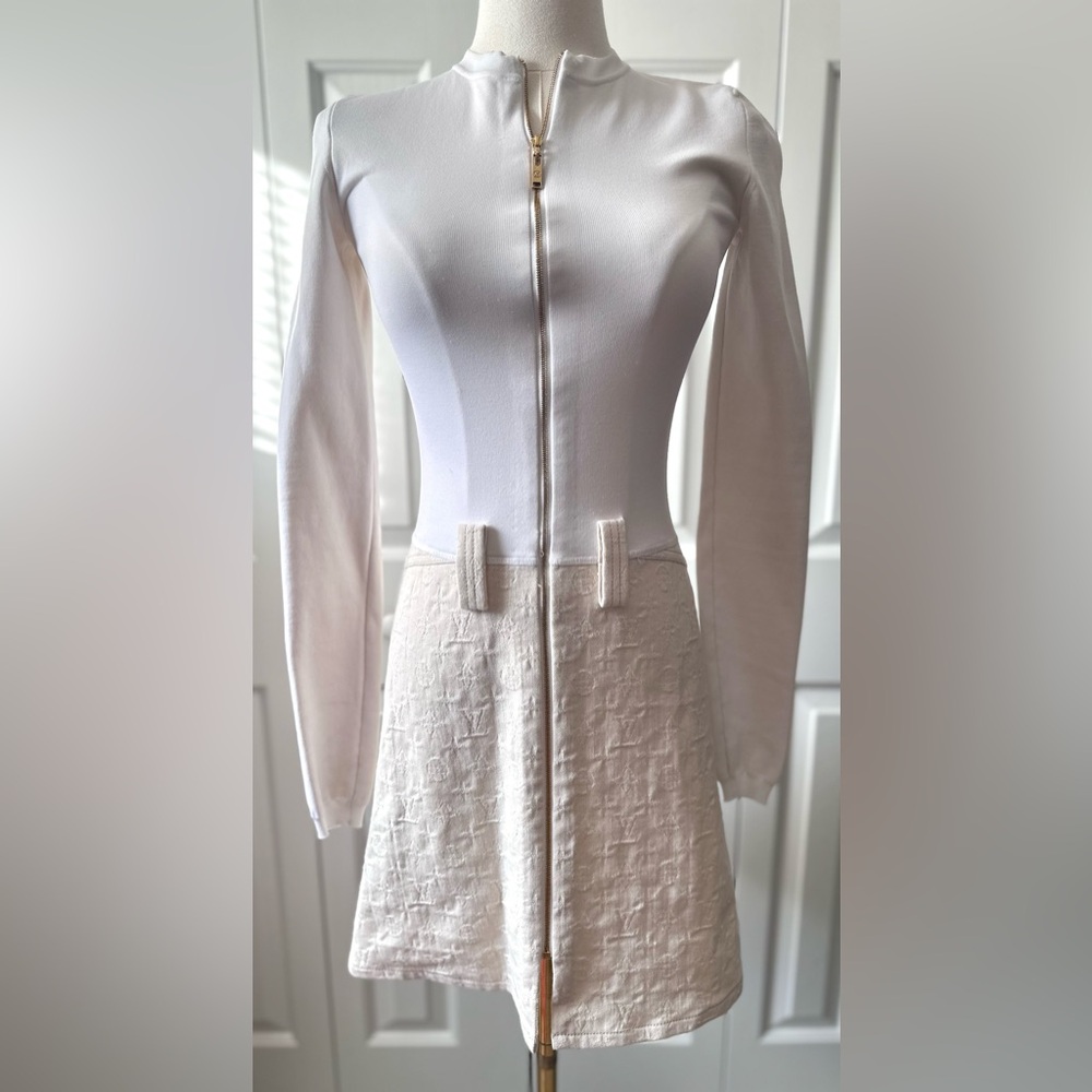 Louis Vuitton Cream-White Long Sleeve Zip-Front Midi Dress